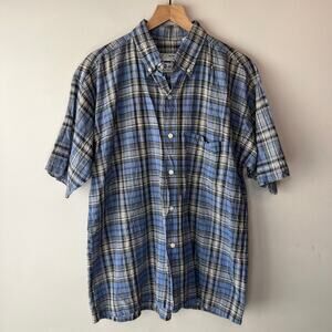 G.O. Graphic Men's Short Sleeve Plaid Print Button Shirt Blue Tan Size Large